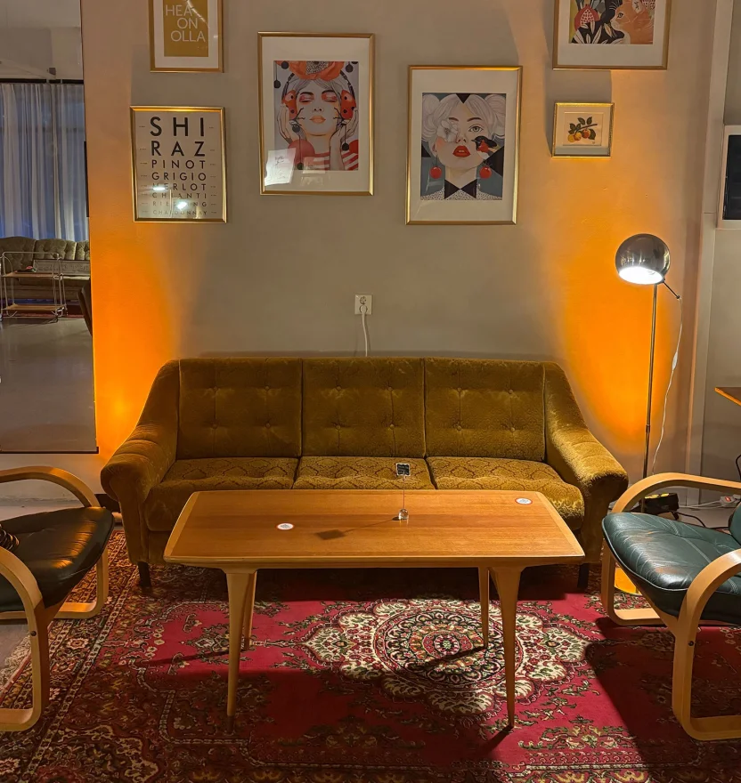 Kirowi Saali sametdiivan pop-art piltide, pärsia vaiba ja sooja meeleoluvalgustusega elamussaalis Viimsis
